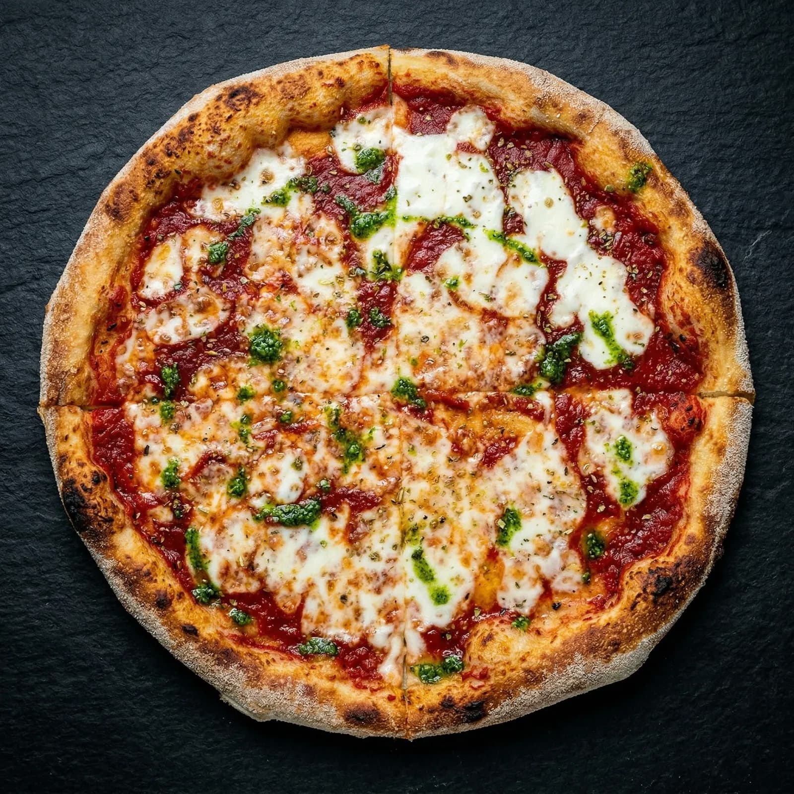 Margherita pizza with tomato sauce, mozzarella and basil purée