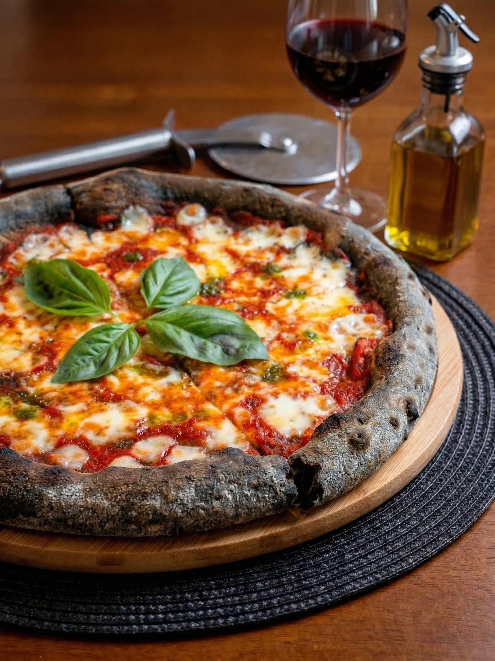 Black Margherita pizza on a wooden board with basil