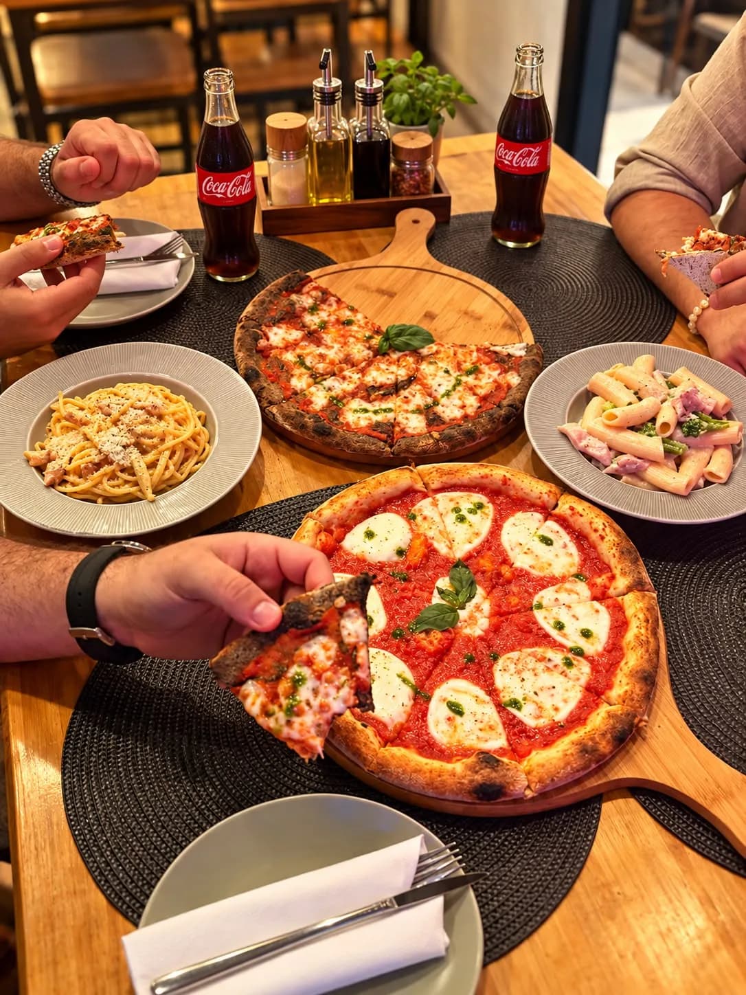 A table shared with friends: Margherita and Black Margherita pizzas, carbonara and rigatoni